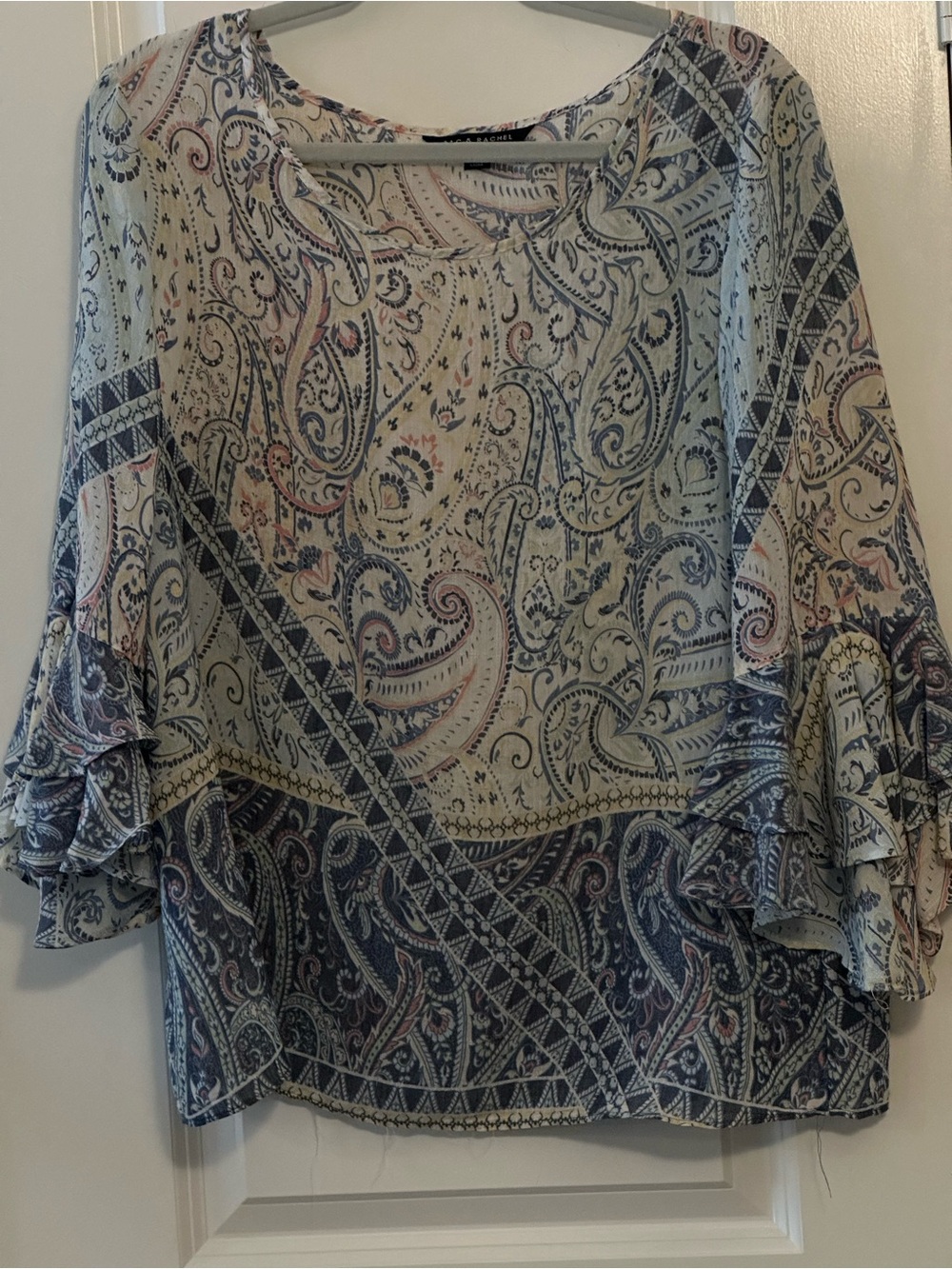 Zac & Rachel Paisley Ruffle-Sleeve Blouse in Navy and Cream
